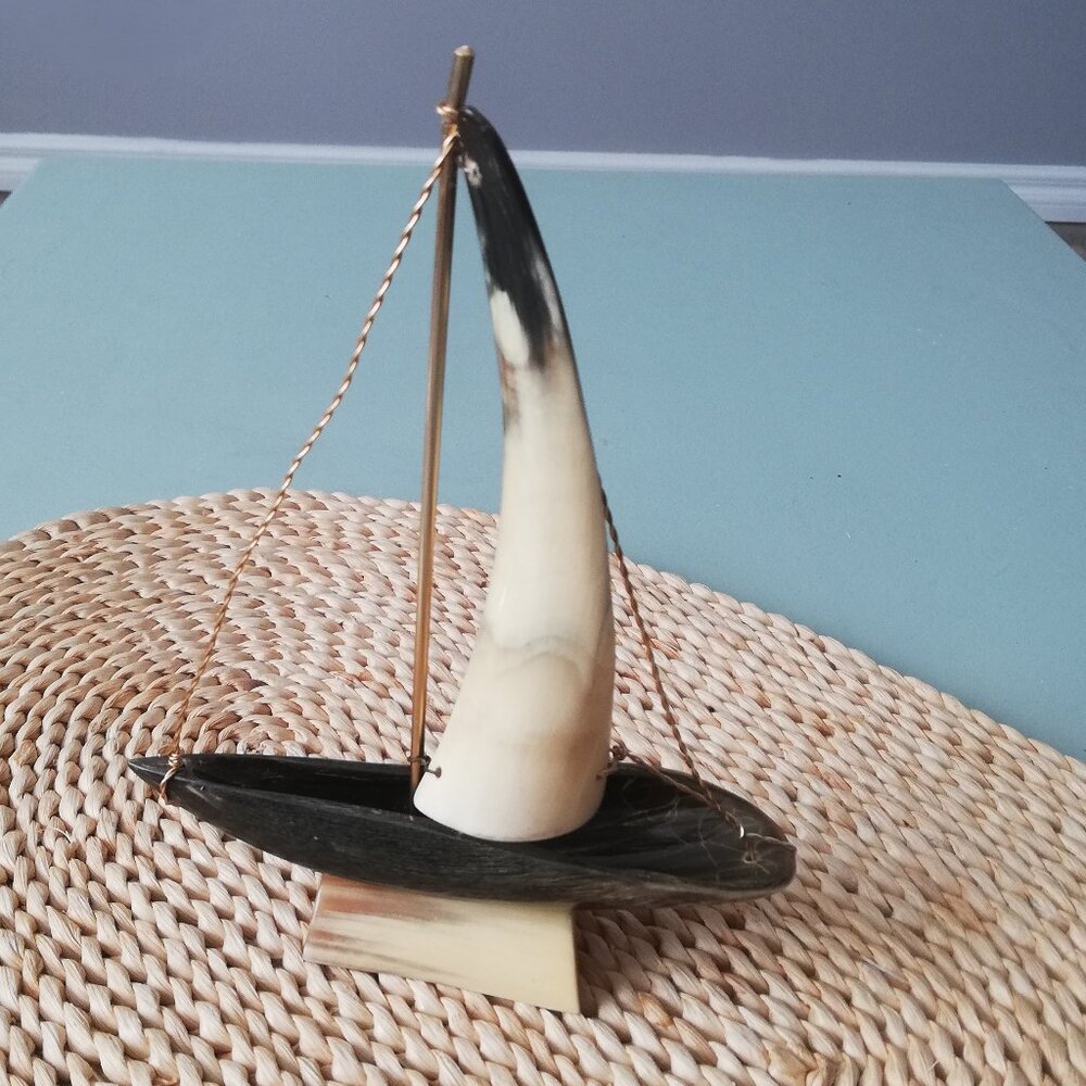 Hand Carved Bull Horn Sailboat 8" Figure